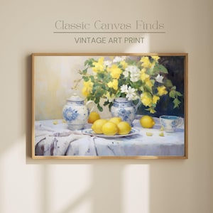 Naturaleza muerta con limones para imprimir: arte digital para descargar, decoración de pared de cocina vintage, póster de jarrón azul y blanco, arte de granja para imprimir