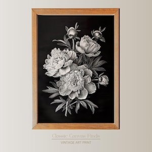 Dark Floral Peony Print, Black Background Botanical Wall Art, Vintage Flower Illustration, Digital Download, Monochrome Art Poster