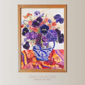 Arte mural floral en acuarela / Póster de jarrón botánico morado / Obra de arte de descarga instantánea / Imprimible con flores vibrantes / Decoración digital para el hogar