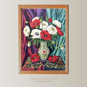 Arte mural de amapola roja y blanca / Póster de jarrón floral / Impresión de descarga instantánea / Arte digital colorido y llamativo / Decoración botánica imprimible