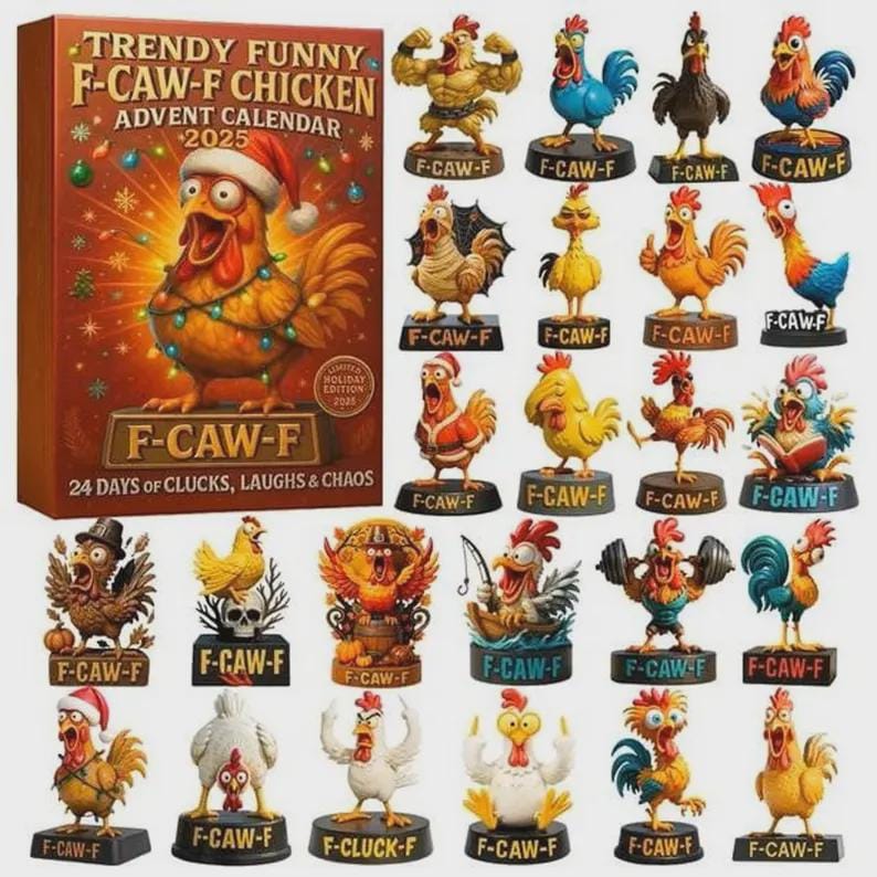 Discover Funny F Caw F Chicken Advent Calendar 2025, 24 Days Christmas Countdown Box, Hilarious Chicken Meme Figurine Set, Gag Gift for Chicken Lover