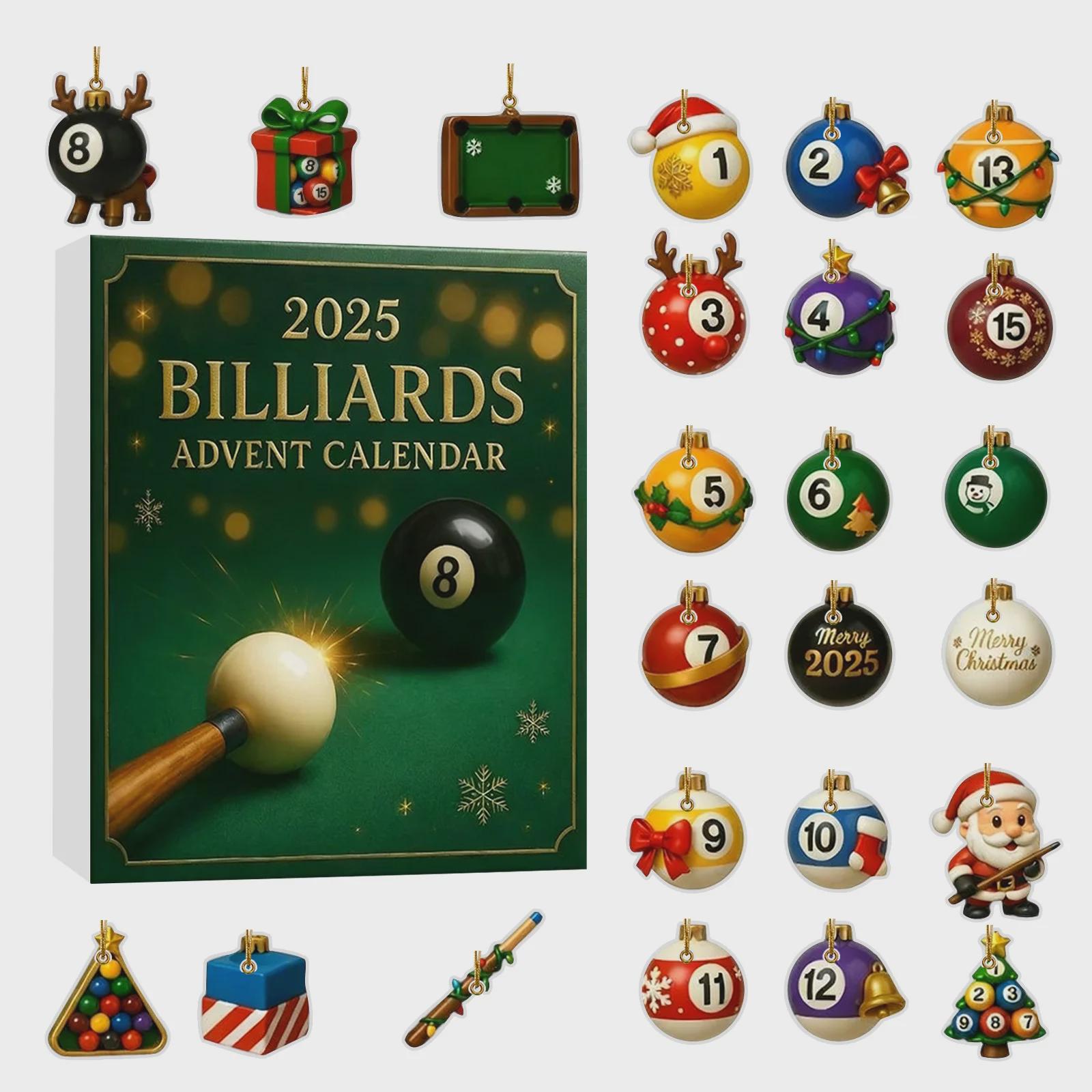 Discover 2025 Billiards Advent Calendar, 24 Days Christmas Countdown Calendar with 24 Acrylic Billiards Theme Ornaments, Pool Lover Christmas