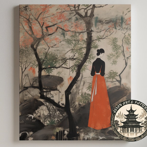Chinese-Style Artwork - Woman in Red Skirt - People Landscape - Traditional-Style Painting - Asian Art
