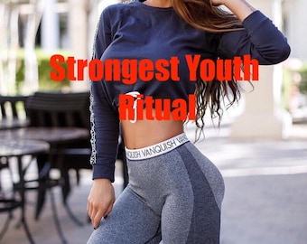 May include: A woman wearing a navy blue long-sleeved crop top and gray leggings. The text "Strongest Youth Ritual" is across the top of the image. The leggings have a darker gray panel down the side.