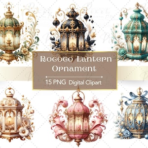 Puede incluir: Clipart digital con seis linternas ornamentadas de estilo rococó en varios colores, incluyendo verde, negro, turquesa, blanco, rosa y azul. Cada linterna está intrincadamente detallada con detalles dorados y adornos florales. Se muestra el texto "Rococo Lantern Ornament" y "15 PNG Digital Clipart".