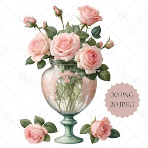 Aquarell Valentinstag Rose im Glas Clipart & Poster, Valentinstag Blumen, 20 PNG - 20 JPEG, Digital Art, Download für kommerzielle Nutzung.