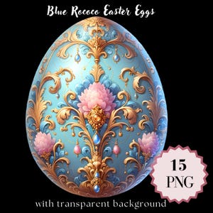 May include: Blue and gold Easter egg with pink flowers and intricate rococo design. 15 PNG images with transparent background.