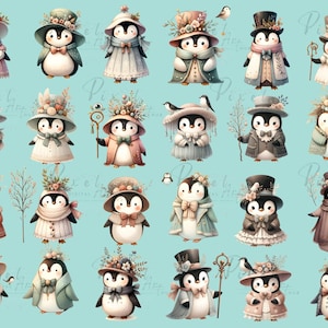 Cute Female Penguin Clipart - Watercolor, PNGs, Fantasy Clipart, Victorian-Fashion, Commercial Use, printable Digital instant Download.