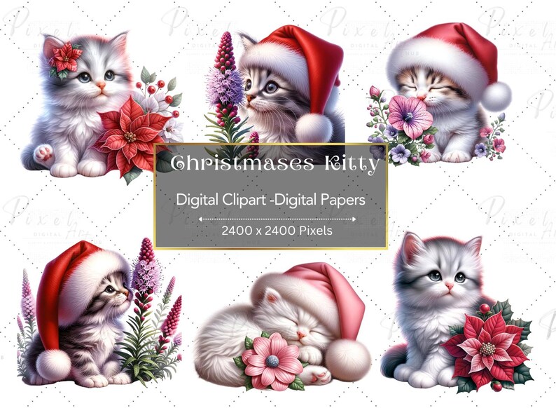 Watercolor Christmas Kitty Clipart, Cat Illustration (digital Download ...