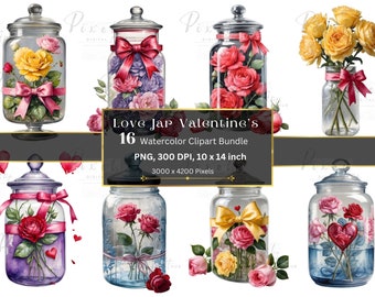 16 Valentines Roses in a jar, Clip art bundle, File PNG, Digital Download, Clipart Valentine's