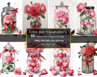 16 Valentines Roses in a jar, Clip art bundle, File PNG, Digital Download, Clipart Valentine's