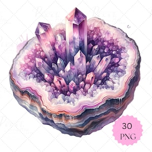 Watercolor Amethyst Crystal clipart, sparkling Crystal, clipart, set of 30 PNG, files, digital download commercial use.
