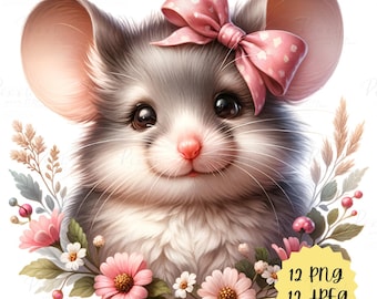 Watercolor Mouse Clipart, Mice with Flowers (Digital Download
