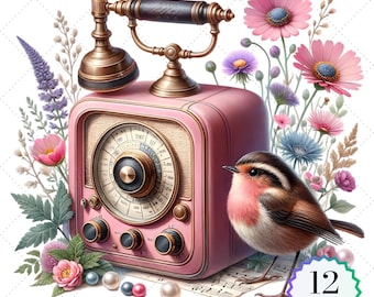 Ilustração em aquarela de um rádio antigo, estilo retrô, em PNG (download digital)