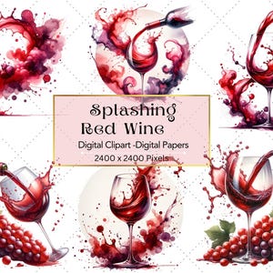 Puede incluir: Clipart digital de vino tinto que se vierte en vasos con salpicaduras de acuarela roja y morada. El texto "Splashing Red Wine" está en un rectángulo rosa con borde dorado. El texto "Digital Clipart - Digital Papers 2400 x 2400 Pixels" está debajo del título.