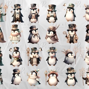 Cute Male Penguin Clipart - Watercolor, PNGs, Fantasy Clipart, Victorian-Fashion, Commercial Use, printable Digital instant Download.