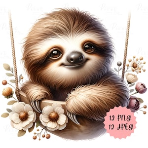 Aquarell süße Baby Faultiere Clipart und Poster, entzückende Faultier, Dateien 12 JPEG - 12 PNG, digitaler Download für kommerzielle Nutzung