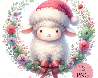 Watercolor Christmas Sheep Clipart: Holiday Wreath PNG (Digital Download)