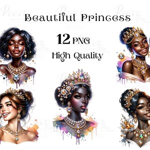 Watercolor Black Princess Clipart- Princess With Exquisite Jewelry