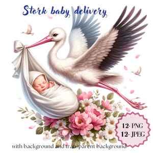 Aquarell Storch Baby Lieferung, Clipart und Papiere, 12-PNG-12 JPEG, Cartoon Storch Baby Sammlungen Lieferung, digitaler Sofort Download.