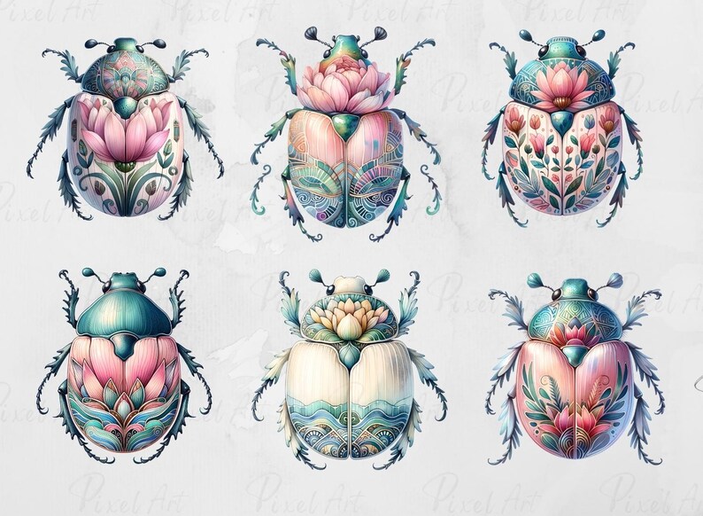 Watercolor Floral Beetle Clipart: Fantasy Insect Art (PNG & JPEG ...