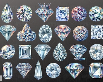 May include: A collection of 24 different diamond shapes, including round, square, pear, and heart. The diamonds are all sparkling and have a variety of colors, including clear, blue, and pink.