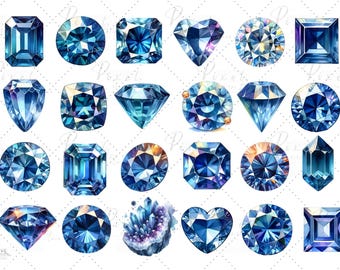Puede incluir: Una colección de 20 ilustraciones de acuarela de gemas azules en varias formas, incluyendo redonda, cuadrada, corazón y puntiaguda. Las gemas se representan con intrincados detalles y un efecto realista y brillante.