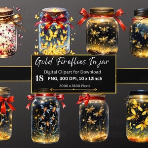 High quality glowing fireflies In a clear glass jar, Gold Fireflies In jar, Clip art, 18 File PNG set, Digital Download Commercial Use