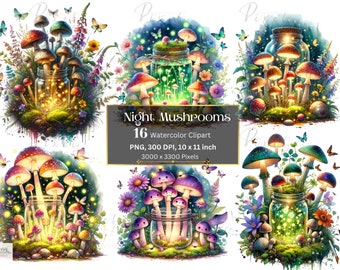 May include: A digital illustration of 16 watercolour clipart images of glowing mushrooms in jars. The mushrooms are various colours, including red, purple, green, and blue. The jars are filled with glowing fireflies. The background is a dark blue with stars and flowers.