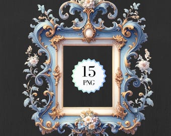 Watercolor Rococo Blue Frame Clipart: 15 PNG Files (Digital Download for Commercial Use)