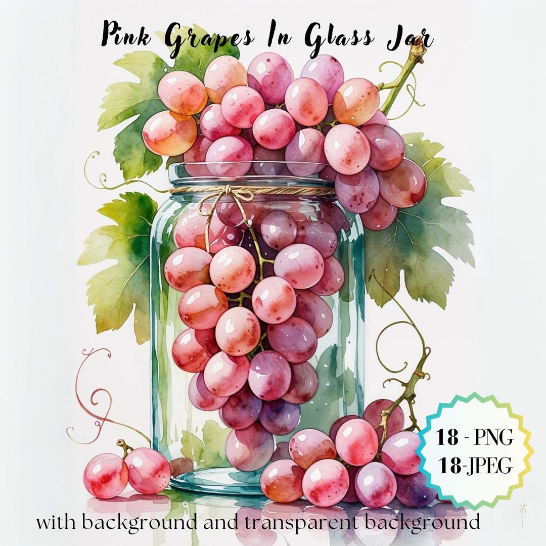 Pink Grapes Graphics Watercolor Pink Grapes Clipart: Jar Art, Commercial Use (digital ...