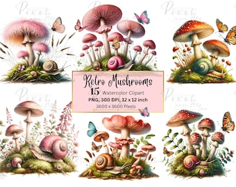 May include: A set of 15 watercolour clipart images of retro mushrooms with snails and butterflies. The mushrooms are in various shades of pink and red with white spots. The snails are brown and pink with white shells. The butterflies are blue, orange, and yellow. The images are 3600 x 3600 pixels and 300 DPI.