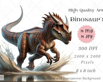Op de afbeelding: Een digitale illustratie van een bruine en oranje dinosaurus met hoorns, rennend door water. De afbeelding bevat de tekst "High-Quality Art Dinosaur's" en "8 x 8 inch". De afbeelding is 2400 x 2400 pixels.