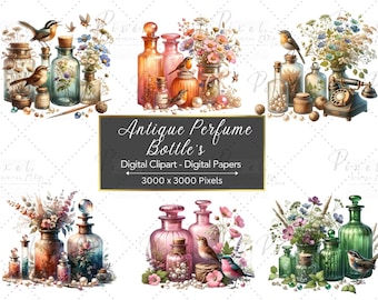 Watercolor Antique Perfume Bottles Clipart: Floral Vintage Art (PNG & JPEG)