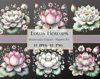 Clipart de Flor de Lótus em Aquarela: Fantasia Floral PNG, JPEG (Download Digital, Uso Comercial)