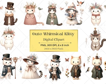 May include: Watercolor digital clipart featuring whimsical cat illustrations. The cats are adorned with hats, floral arrangements, and vintage attire. The image includes the text "Cute Whimsical Kitty Digital Clipart".