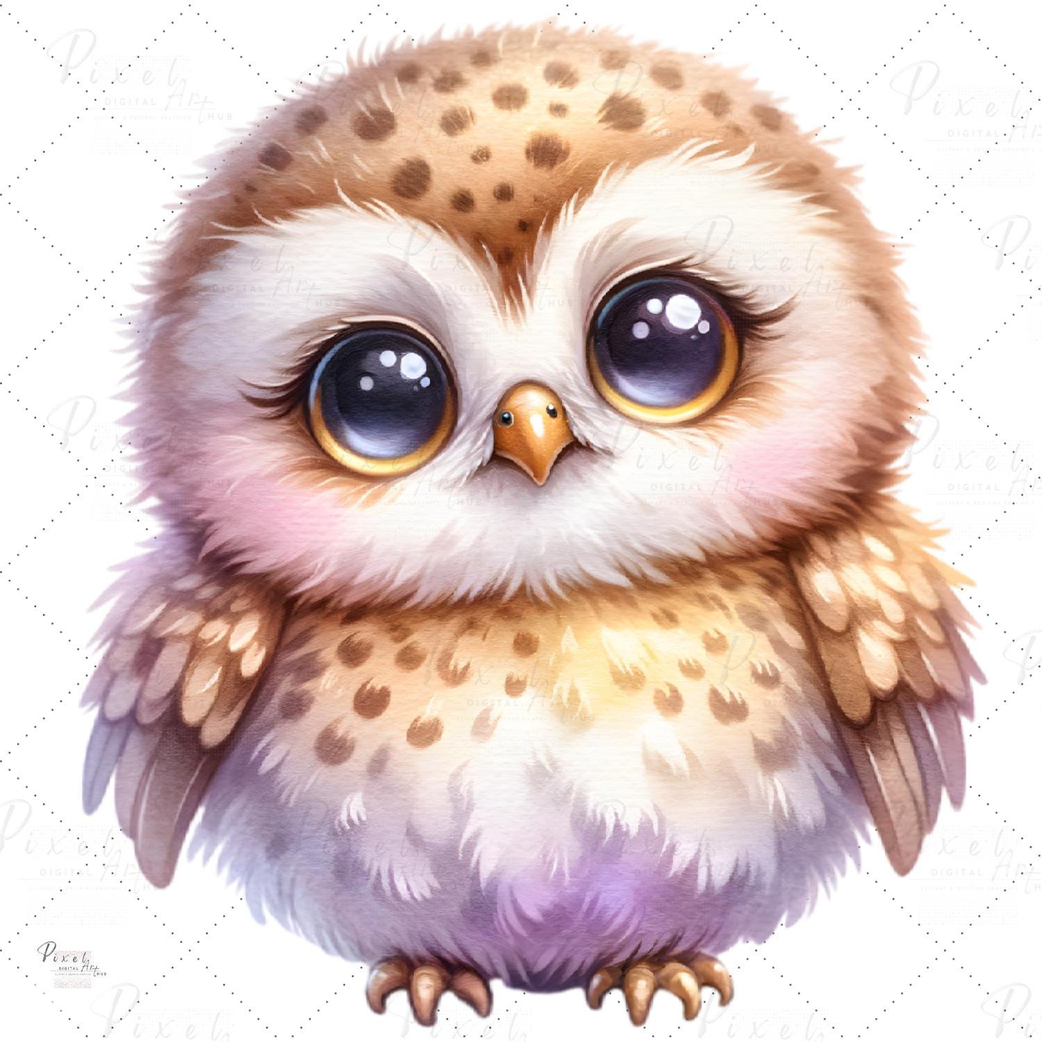 Cute Baby Owls Clipart - Watercolor, PNGs, Cute Owls, Fantasy Clipart, Owls cartoon collections,  Di