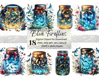 Clipart di lucciole blu: set PNG di barattoli luminosi (download digitale)