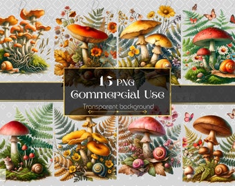 May include: A set of 15 digital illustrations featuring mushrooms, snails and ferns. The mushrooms are red, orange, yellow and pink with white spots. The snails are brown and white with a spiral shell. The ferns are green and have a delicate texture. The illustrations are on a transparent background.