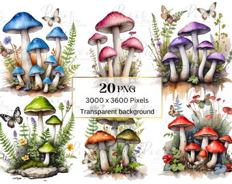 May include: A set of 20 watercolour illustrations of mushrooms with various colours and designs. The mushrooms are surrounded by green leaves, flowers, and butterflies. The illustrations are on a transparent background and are 3000 x 3600 pixels.