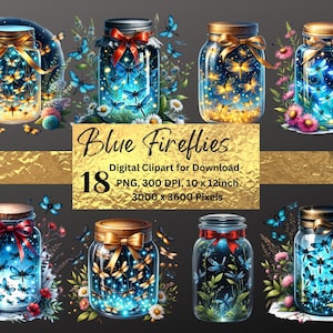 High quality glowing fireflies In a clear glass jar, Blue  Fireflies In jar, Clip art, 18 File PNG set, Digital Download Commercial Use