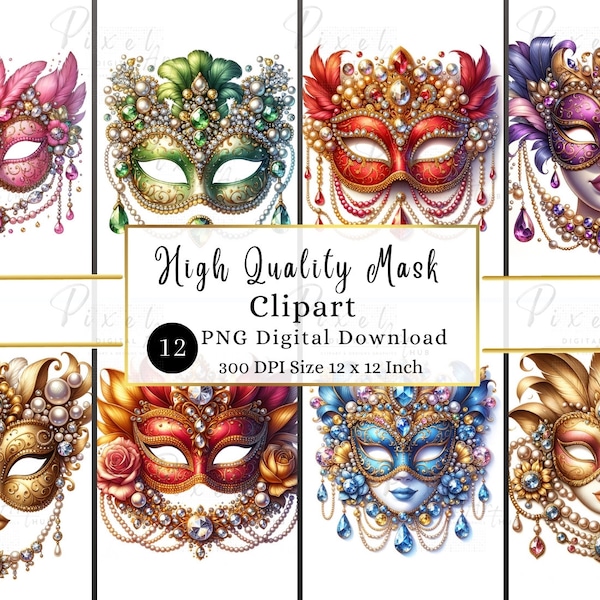 Venice Carnival's Masks, Clipart Set: Exquisite Masks Adorned with Jewelry Clipart Set of 12 PNG format instant download for commercial use.