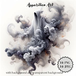 May include: A digital illustration of a ghostly figure made of swirling gray and black smoke. The figure is surrounded by a white background. The text "Apparition Art" is at the top of the image. The text "14-PNG 14-JPEG" is in a circle at the bottom right of the image. The text "with background and transparent background" is at the bottom of the image.
