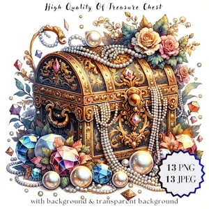 Puede incluir: Ilustración detallada de un cofre del tesoro con detalles dorados, adornado con perlas, gemas y arreglos florales. El cofre está intrincadamente diseñado con detalles ornamentados y rodeado de joyas y perlas brillantes. El texto "High Quality Of Treasure Chest" está en la parte superior.