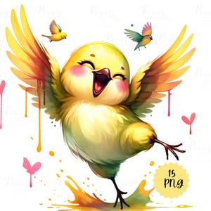 Lindos y divertidos pájaros amarillos Clipart - Acuarela, 15 PNG, pájaros lindos, Clipart, colecciones de dibujos animados de pájaros, descarga digital instantánea.