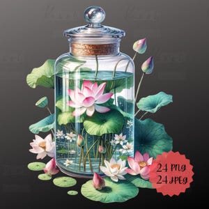 Aquarell von Lotusblumen im Glas, Clipart & Poster, 24 PNG -24 JPEG, Dateien, Lotusblumen Kunst, digitaler Download | Kommerzielle Nutzung.