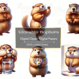 Könnte beinhalten: Digitaler Clipart mit fünf niedlichen Gophers in verschiedenen Posen. Die Gophers sind braun und weiß mit großen Augen und süßen Gesichtsausdrücken. Die Gophers sind vor einem weißen Hintergrund platziert.  "Adorable Gophers" ist in einem goldenen Banner über den Gophers geschrieben.  "Digital Clipart - Digital Papers" ist in einem goldenen Banner unter den Gophers geschrieben.  "2400 x 2400 Pixel" ist in einem goldenen Banner unter den Gophers geschrieben.