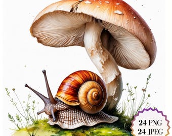 Watercolor Mushroom & Snail Clipart Set: Forest Nature Art (Digital Download, Commercial Use)