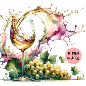 Puede incluir: Una pintura de acuarela de una copa de vino blanco con un chorro de vino saliendo de la copa. Un racimo de uvas verdes está al lado de la copa. El fondo es una acuarela de color rosa y amarillo.