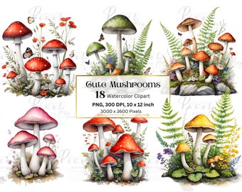 May include: A set of 18 watercolour clipart images of cute mushrooms in various colours and styles. The mushrooms are surrounded by green ferns, flowers, and leaves. The text "Gute Mushrooms" is written in a decorative font on a gold banner.